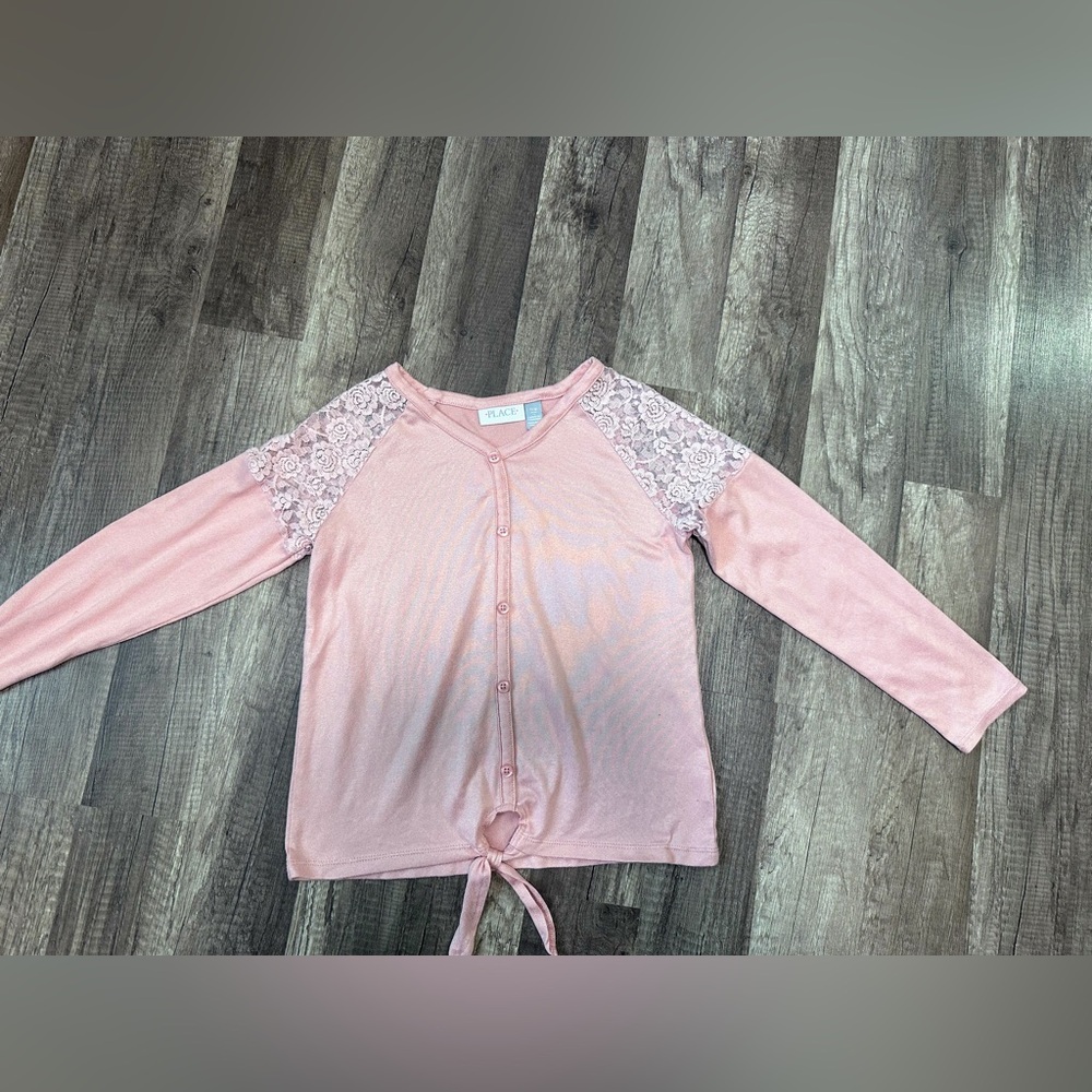 The Childrens Place Girls Pink Lace Sleeve Tie Front Cardigan Top‎ Size 7/8